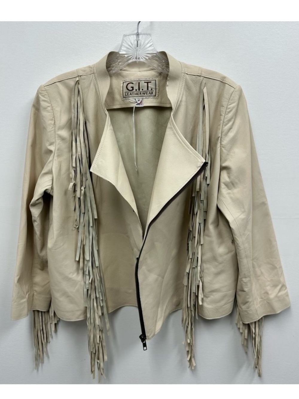 Vintage 80’s Cream 100% Leather Fringe Jacket Tassel Western Size S